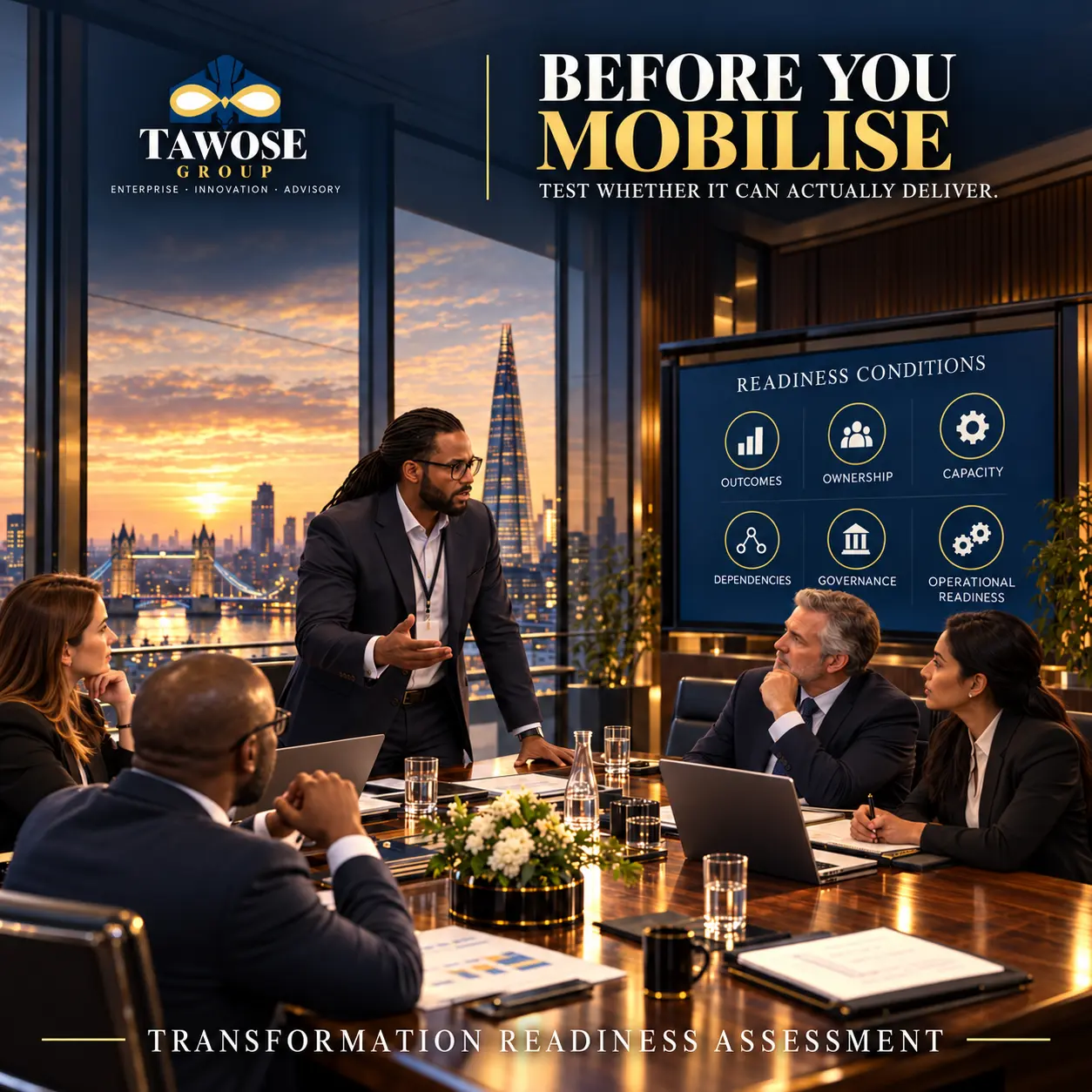 Tayo Tawose leading a Transformation Readiness Assessment with senior client representatives in a London boardroom.