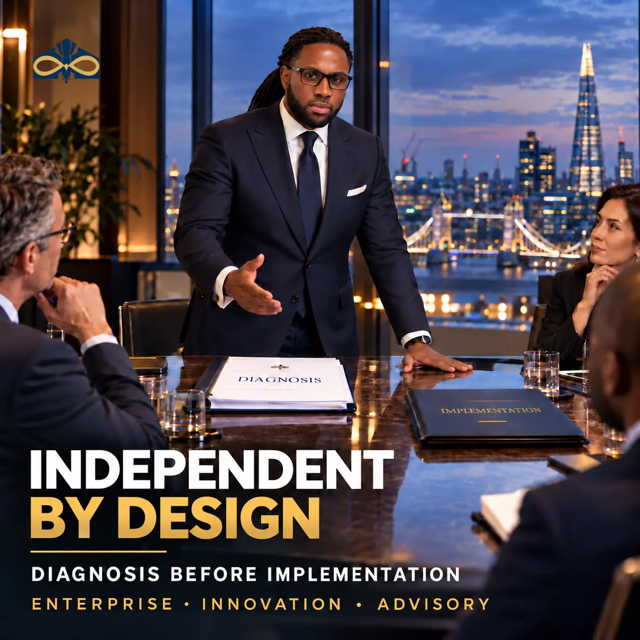 Tayo Tawose leading an evidence-based transformation diagnosis with senior client representatives in a London boardroom, with diagnosis and implementation clearly separated.
