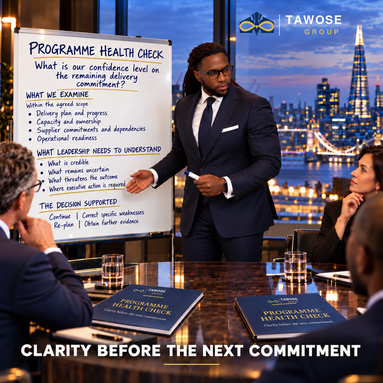 Tayo Tawose presenting a Programme Health Check to senior client representatives in a London boardroom, beside a decision framework whiteboard with two Programme Health Check catalogues on the table.