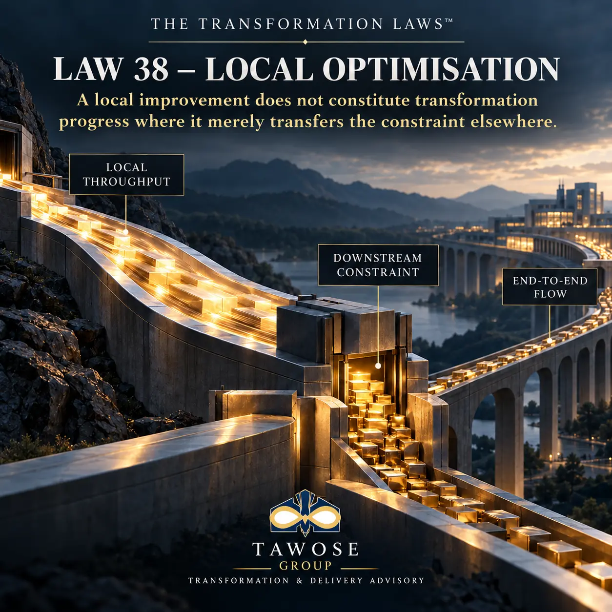 A high-throughput delivery channel transferring work into a constrained downstream gateway, illustrating local optimisation without improved end-to-end flow.
