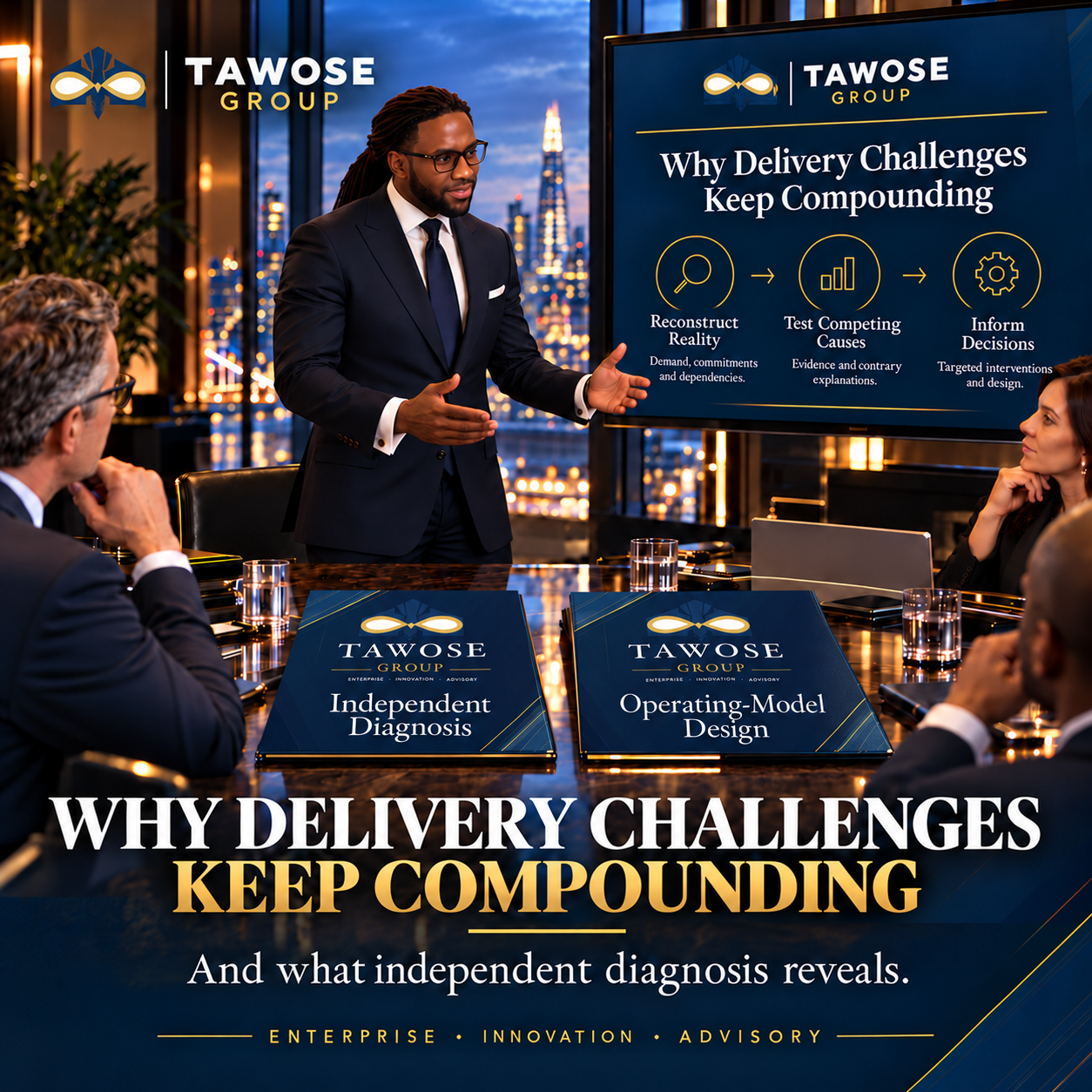Tayo Tawose in the approved London executive boardroom presenting Independent Diagnosis to clients, with the Reconstruct Reality, Test Competing Causes and Inform Decisions framework and Tawose Group catalogues.